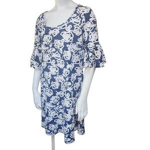 Ronni Nicole Charming Blue & White Floral Print Dress with Bell Sleeves (M)
